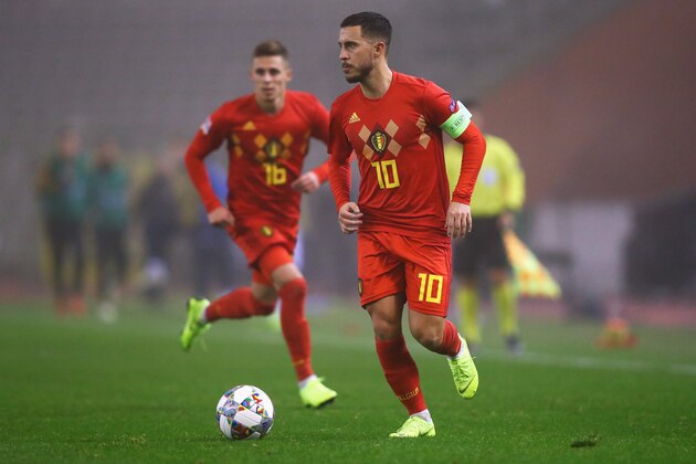 BRUSSELS, BELGIUM - NOVEMBER 15:  Eden Hazard #10 and Thorgan Hazard #16 of Belgium in action during the UEFA Nations League A group two match between Belgium and Iceland at King Baudouin Stadium on November 15, 2018 in Brussels, Belgium.  (Photo by Dean Mouhtaropoulos/Getty Images)