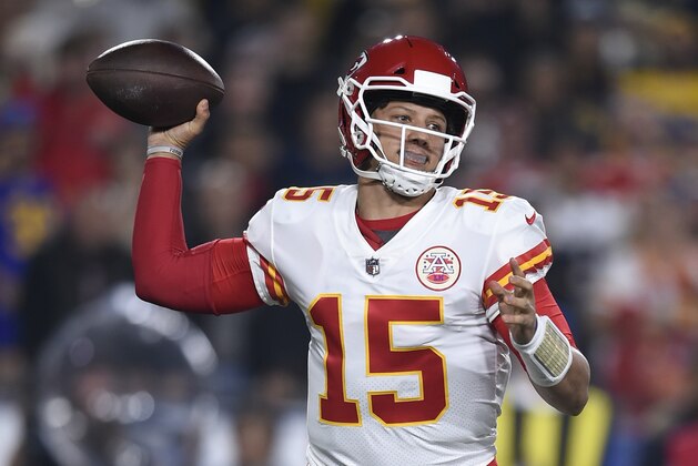 Kansas City Chiefs quarterback Patrick Mahomes passes against the Los Angeles Rams during the first half of an NFL football game, Monday, Nov. 19, 2018, in Los Angeles. (AP Photo/Kelvin Kuo)