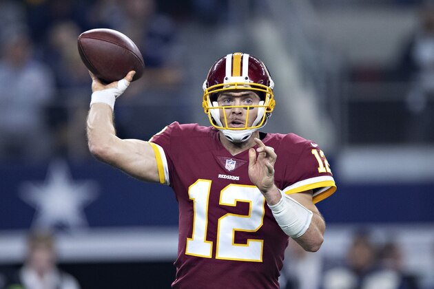 ARLINGTON, TX - NOVEMBER 22:  Colt McCoy #12 of the Washington Redskins throws a pass in the first half of a game against the Dallas Cowboys at AT&T Stadium on November 22, 2018 in Arlington, Texas.  (Photo by Wesley Hitt/Getty Images)
