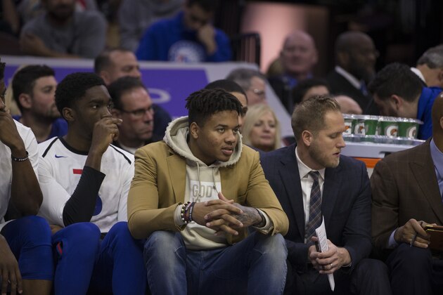 PHILADELPHIA, PA - NOVEMBER 23: Markelle Fultz #20 of the Philadelphia 76ers watches the game from the bench against the Cleveland Cavaliers at the Wells Fargo Center on November 23, 2018 in Philadelphia, Pennsylvania. NOTE TO USER: User expressly acknowledges and agrees that, by downloading and or using this photograph, User is consenting to the terms and conditions of the Getty Images License Agreement. (Photo by Mitchell Leff/Getty Images)
