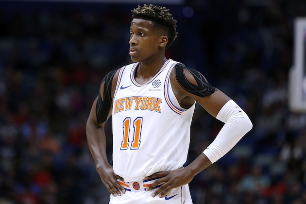 NEW ORLEANS, LA - NOVEMBER 16: Frank Ntilikina #11 of the New York Knicks reacts during a game against the New Orleans Pelicans at the Smoothie King Center on November 16, 2018 in New Orleans, Louisiana. NOTE TO USER: User expressly acknowledges and agrees that, by downloading and or using this photograph, User is consenting to the terms and conditions of the Getty Images License Agreement.  (Photo by Jonathan Bachman/Getty Images)