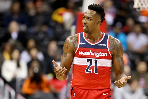 WASHINGTON, DC - NOVEMBER 14: Dwight Howard #21 of the Washington Wizards reacts after a play against the Cleveland Cavaliers during the first half at Capital One Arena on November 14, 2018 in Washington, DC. NOTE TO USER: User expressly acknowledges and agrees that, by downloading and or using this photograph, User is consenting to the terms and conditions of the Getty Images License Agreement. (Photo by Will Newton/Getty Images)
