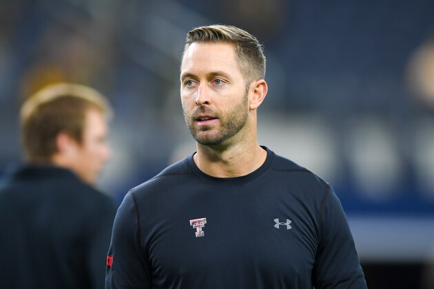 LUBBOCK, TX - NOVEMBER 24: Head coach Kliff Kingsbury of the Texas Tech Red Raiders on the field before the game against the Baylor Bears on November 24, 2018 at  AT&T Stadium in Arlington, Texas. Baylor defeated Texas Tech 35-24. (Photo by John Weast/Getty Images)