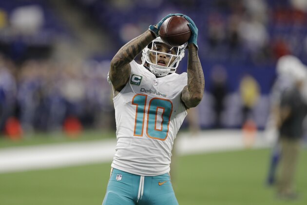 Miami Dolphins wide receiver Kenny Stills (10) before an NFL football game against the Indianapolis Colts in Indianapolis, Sunday, Nov. 25, 2018. (AP Photo/Darron Cummings)