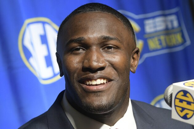 LSU linebacker Devin White is interviewed during NCAA college football Southeastern Conference media days at the College Football Hall of Fame in Atlanta, Monday, July 16, 2018. (AP Photo/John Amis)