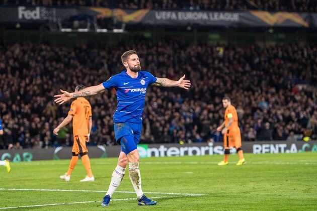 LONDON, ENGLAND - NOVEMBER 29: Olivier Giroud of Chelsea celebrate after scoring goal during the UEFA Europa League Group L match between Chelsea and PAOK at Stamford Bridge on November 29, 2018 in London, United Kingdom. (Photo by Sebastian Frej/MB Media/Getty Images)