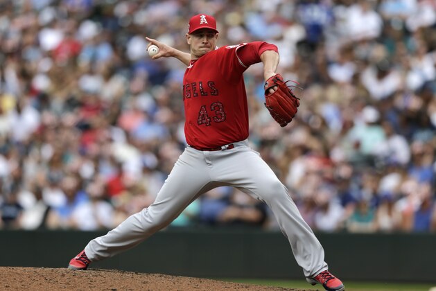 Los Angeles Angels starting pitcher Garrett Richards in action against the Seattle Mariners during a baseball game, Wednesday, July 4, 2018, in Seattle. (AP Photo/John Froschauer)