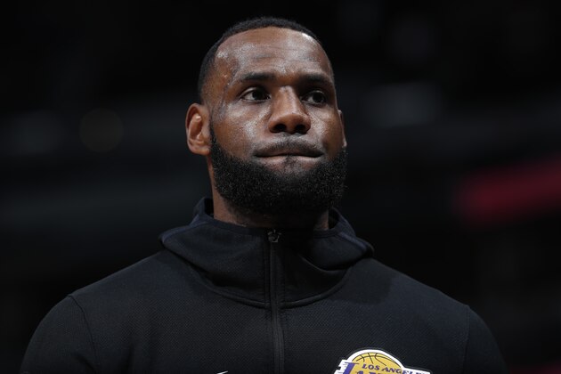 Los Angeles Lakers forward LeBron James (23) in the first half of an NBA basketball game Tuesday, Nov. 27, 2018, in Denver. (AP Photo/David Zalubowski)