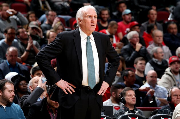 CHICAGO, IL - NOVEMBER 26: Head Coach Gregg Popovich of San Antonio Spurs looks on against the Chicago Bulls on November 26, 2018 at the United Center in Chicago, Illinois. NOTE TO USER: User expressly acknowledges and agrees that, by downloading and or using this photograph, user is consenting to the terms and conditions of the Getty Images License Agreement. Mandatory Copyright Notice: Copyright 2018 NBAE (Photo by Gary Dineen/NBAE via Getty Images)