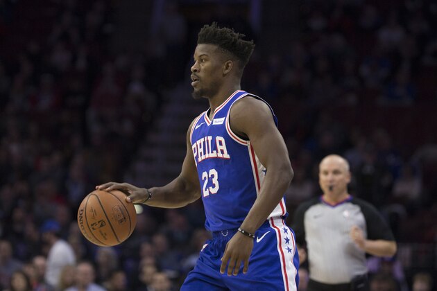 PHILADELPHIA, PA - NOVEMBER 28: Jimmy Butler #23 of the Philadelphia 76ers dribbles the ball against the New York Knicks at the Wells Fargo Center on November 28, 2018 in Philadelphia, Pennsylvania. NOTE TO USER: User expressly acknowledges and agrees that, by downloading and or using this photograph, User is consenting to the terms and conditions of the Getty Images License Agreement. (Photo by Mitchell Leff/Getty Images)