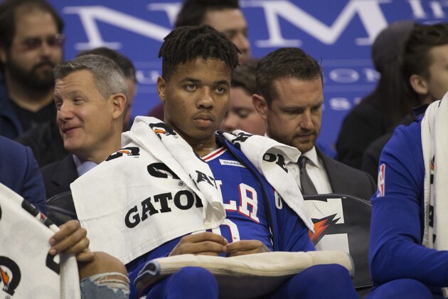 PHILADELPHIA, PA - NOVEMBER 19: Markelle Fultz #20 of the Philadelphia 76ers watches the game from the bench in the second quarter against the Phoenix Suns at the Wells Fargo Center on November 19, 2018 in Philadelphia, Pennsylvania. The 76ers defeated the Suns 119-114. NOTE TO USER: User expressly acknowledges and agrees that, by downloading and or using this photograph, User is consenting to the terms and conditions of the Getty Images License Agreement. (Photo by Mitchell Leff/Getty Images)