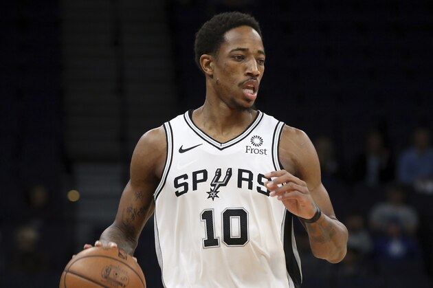 San Antonio Spurs' DeMar DeRozan plays against the Minnesota Timberwolves in an NBA basketball game Wednesday, Nov. 28, 2018, in Minneapolis. (AP Photo/Jim Mone)