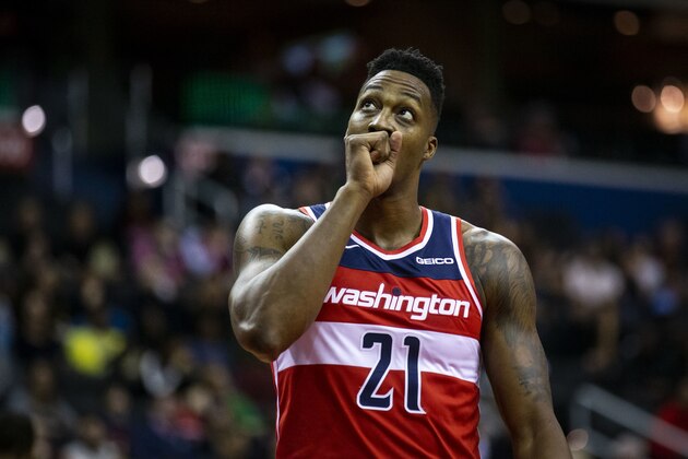 Washington Wizards center Dwight Howard looks at the scoreboard during the first half of the team's NBA basketball game against the Portland Trail Blazers on Sunday, Nov. 18, 2018, in Washington. (AP Photo/Al Drago) Washington Wizards center Dwight Howard looks at the scoreboard during the first half of the team's NBA basketball game against the Portland Trail Blazers on Sunday, Nov. 18, 2018, in Washington. (AP Photo/Al Drago)