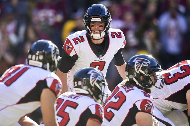 Atlanta Falcons quarterback Matt Ryan (2) shouts to the line during the first half of an NFL football game between the Atlanta Falcons and the Washington Redskins, Sunday, Nov. 4, 2018 in Landover, Md. (AP Photo/Susan Walsh)