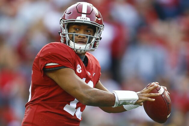 Alabama quarterback Tua Tagovailoa (13) throws a pass during the first half of an NCAA college football game against Auburn, Saturday, Nov. 24, 2018, in Tuscaloosa, Ala. (AP Photo/Butch Dill)