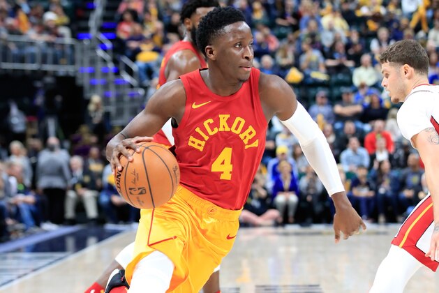 INDIANAPOLIS, IN - NOVEMBER 16:  Victor Oladipo#4 of the Indiana Pacers dribbles the ball against the  Miami Heat at Bankers Life Fieldhouse on November 16, 2018 in Indianapolis, Indiana.    NOTE TO USER: User expressly acknowledges and agrees that, by downloading and or using this photograph, User is consenting to the terms and conditions of the Getty Images License Agreement.  (Photo by Andy Lyons/Getty Images)