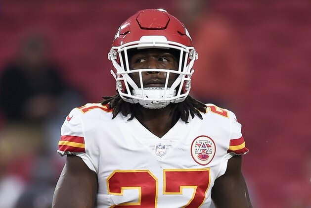 Kansas City Chiefs running back Kareem Hunt warms up prior to an NFL football game against the Los Angeles Rams Monday, Nov. 19, 2018, in Los Angeles. (AP Photo/Kelvin Kuo)