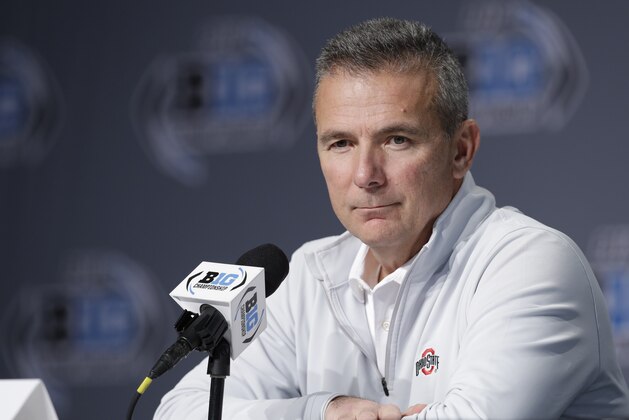 Ohio State head coach Urban Meyer speaks during a news conference for the Big Ten Conference championship NCAA college football game, Friday, Nov. 30, 2018, in Indianapolis. Northwestern will play Ohio State on Saturday for the championship. (AP Photo/Darron Cummings)