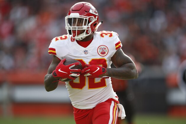 Kansas City Chiefs running back Spencer Ware (32) runs the ball against the Cleveland Browns during an NFL football game, Sunday, Nov. 4, 2018, in Cleveland. The Chiefs won 37-21. (Jeff Haynes/AP Images for Panini)