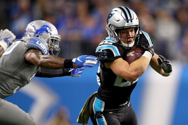 DETROIT, MI - NOVEMBER 18: Running back Christian McCaffrey #22 of the Carolina Panthers runs for yardage against the Detroit Lions during the second half at Ford Field on November 18, 2018 in Detroit, Michigan. (Photo by Gregory Shamus/Getty Images)