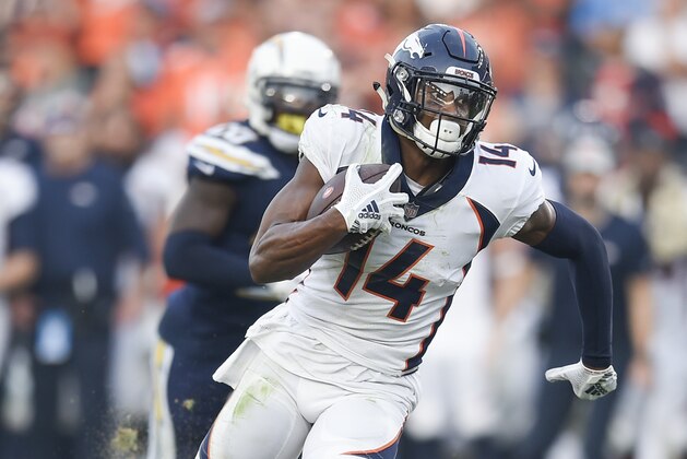 Denver Broncos wide receiver Courtland Sutton runs after a catch during the second half of an NFL football game against the Los Angeles Chargers Sunday, Nov. 18, 2018, in Carson, Calif. (AP Photo/Kelvin Kuo)