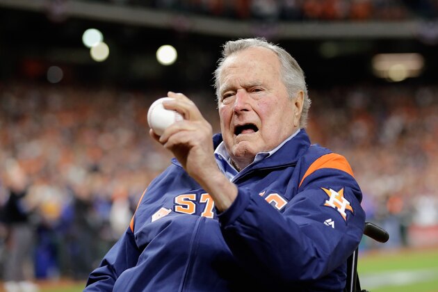 HOUSTON, TX - OCTOBER 29:  Former United States president George H.W. Bush prepares to throw out a ceremonial first pitch before game five of the 2017 World Series between the Houston Astros and the Los Angeles Dodgers at Minute Maid Park on October 29, 2017 in Houston, Texas.  (Photo by David J. Phillip - Pool/Getty Images)