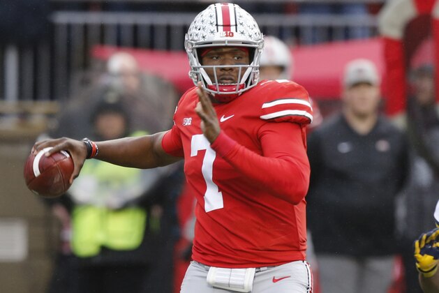 Ohio State quarterback Dwayne Haskins throws a pass against Michigan during the first half of an NCAA college football game Saturday, Nov. 24, 2018, in Columbus, Ohio. (AP Photo/Jay LaPrete)