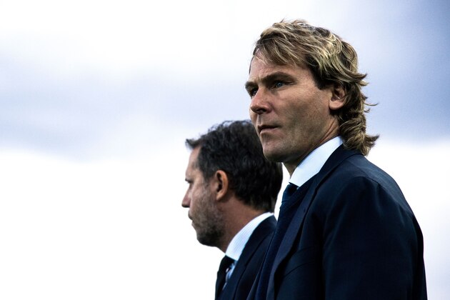 Juventus' former player Pavel Nedved (R) looks on next to Juventus' sporting director Fabio Paratici (L)  during the Italian Serie A football match between Empoli and Juventus on October 27, 2018 at the Carlo Castellani Stadium in Empoli. (Photo by MARCO BERTORELLO / AFP)        (Photo credit should read MARCO BERTORELLO/AFP/Getty Images)