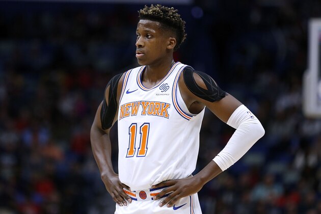 NEW ORLEANS, LA - NOVEMBER 16: Frank Ntilikina #11 of the New York Knicks reacts during a game against the New Orleans Pelicans at the Smoothie King Center on November 16, 2018 in New Orleans, Louisiana. NOTE TO USER: User expressly acknowledges and agrees that, by downloading and or using this photograph, User is consenting to the terms and conditions of the Getty Images License Agreement.  (Photo by Jonathan Bachman/Getty Images)