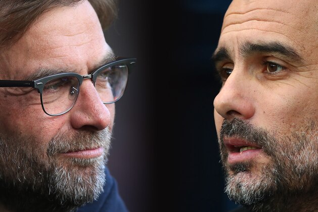 FILE PHOTO (EDITORS NOTE: GRADIENT ADDED - COMPOSITE OF TWO IMAGES - Image numbers (L) 531578890 and 899524772) In this composite image a comparison has been made between Jurgen Klopp, Manager of Liverpool (L) and Manchester City manager Josep Guardiola. Liverpool and Manchester City have been drawn together in the Champions League Quarter Finals of the 2017/18 season.   ***LEFT IMAGE*** WEST BROMWICH, ENGLAND - MAY 15: Jurgen Klopp, manager of Liverpool looks on during the Barclays Premier League match between West Bromwich Albion and Liverpool at The Hawthorns on May 15, 2016 in West Bromwich, England. (Photo by Ben Hoskins/Getty Images) ***RIGHT IMAGE*** MANCHESTER, ENGLAND - DECEMBER 23: Manchester City manager Josep Guardiola looks on during the Premier League match between Manchester City and AFC Bournemouth at Etihad Stadium on December 23, 2017 in Manchester, England. (Photo by Clive Brunskill/Getty Images)