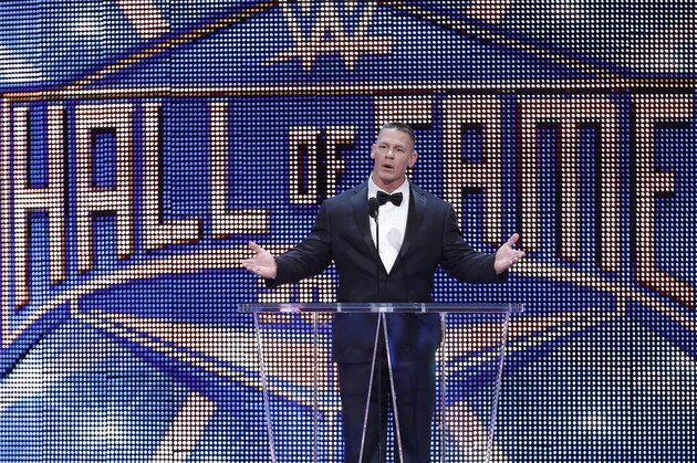 IMAGE DISTRIBUTED FOR WWE - WWE superstar John Cena introduces Snoop Dogg into the WWE Hall of Fame on Saturday, April 2, 2016 in Dallas. (Brandon Wade/AP Images for WWE)