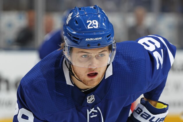 TORONTO, ON - APRIL 19:  William Nylander #29 of the Toronto Maple Leafs waits for a faceoff against the Boston Bruins in Game Four of the Eastern Conference First Round in the 2018 Stanley Cup play-offs at the Air Canada Centre on April 19, 2018 in Toronto, Ontario, Canada. The Bruins defeated the Maple Leafs 3-1. (Photo by Claus Andersen/Getty Images) *** Local Caption *** William Nylander