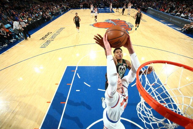 NEW YORK, NY - DECEMBER 1: Mario Hezonja #8 of the New York Knicks dunks the ball against the Milwaukee Bucks on December 1, 2018 at Madison Square Garden in New York City, New York. NOTE TO USER: User expressly acknowledges and agrees that, by downloading and/or using this photograph, user is consenting to the terms and conditions of the Getty Images License Agreement. Mandatory Copyright Notice: Copyright 2018 NBAE (Photo by Nathaniel S. Butler/NBAE via Getty Images)