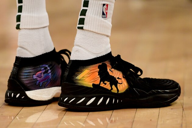 NEW YORK, NEW YORK - DECEMBER 01: 'Lion King' themed shoes worn by Thon Maker #7 of the Milwaukee Bucks during the game against New York Knicks at Madison Square Garden on December 01, 2018 in New York City. NOTE TO USER: User expressly acknowledges and agrees that, by downloading and or using this photograph, User is consenting to the terms and conditions of the Getty Images License Agreement. (Photo by Sarah Stier/Getty Images)