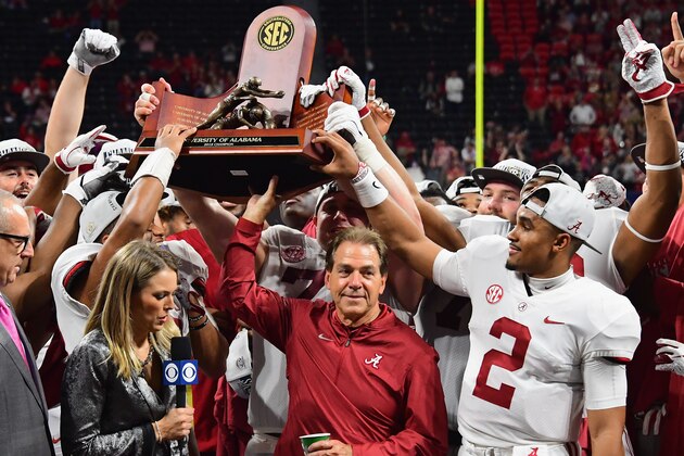 ATLANTA, GA - DECEMBER 01:  Head coach Nick Saban and the Alabama Crimson Tide celebrate with the trophy after defeating the Georgia Bulldogs 35-28 in the 2018 SEC Championship Game at Mercedes-Benz Stadium on December 1, 2018 in Atlanta, Georgia.  (Photo by Scott Cunningham/Getty Images)