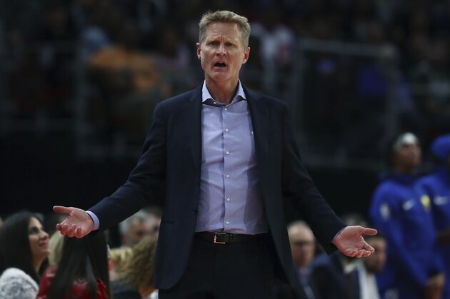 Golden State Warriors head coach Steve Kerr during the second half of an NBA basketball game against the Detroit Pistons, Saturday, Dec. 1, 2018, in Detroit. (AP Photo/Carlos Osorio)