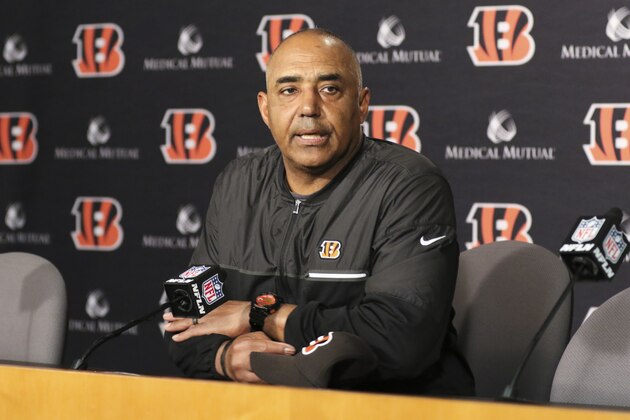 Cincinnati Bengals head coach Marvin Lewis speaks to reporters during a news conference following an NFL football game against the Cleveland Browns, Sunday, Nov. 25, 2018, in Cincinnati. (AP Photo/Gary Landers)
