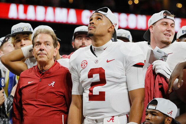 ATLANTA, GA - DECEMBER 01:  Head coach Nick Saban of the Alabama Crimson Tide and Jalen Hurts #2 react after defeating the Georgia Bulldogs 35-28 in the 2018 SEC Championship Game at Mercedes-Benz Stadium on December 1, 2018 in Atlanta, Georgia.  (Photo by Kevin C. Cox/Getty Images)