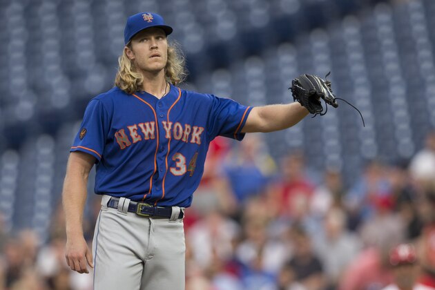 PHILADELPHIA, PA - SEPTEMBER 19: Noah Syndergaard #34 of the New York Mets looks on after allowing a solo home run to Rhys Hoskins #17 of the Philadelphia Phillies (not pictured) in the bottom of the first inning at Citizens Bank Park on September 19, 2018 in Philadelphia, Pennsylvania. The Phillies defeated the Mets 4-0. (Photo by Mitchell Leff/Getty Images)