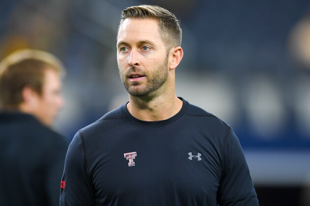 LUBBOCK, TX - NOVEMBER 24: Head coach Kliff Kingsbury of the Texas Tech Red Raiders on the field before the game against the Baylor Bears on November 24, 2018 at  AT&T Stadium in Arlington, Texas. Baylor defeated Texas Tech 35-24. (Photo by John Weast/Getty Images)
