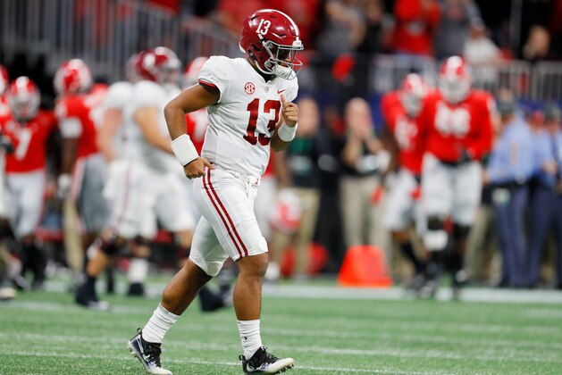 ATLANTA, GA - DECEMBER 01:  Tua Tagovailoa #13 of the Alabama Crimson Tide reacts after throwing an interception in the first half against the Georgia Bulldogs during the 2018 SEC Championship Game at Mercedes-Benz Stadium on December 1, 2018 in Atlanta, Georgia.  (Photo by Kevin C. Cox/Getty Images)