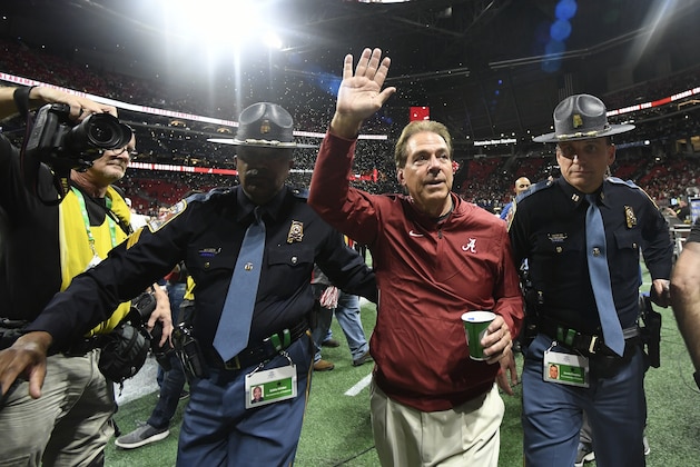 Alabama head coach Nick Saban leaves the field after the Southeastern Conference championship NCAA college football game against Georgia, Saturday, Dec. 1, 2018, in Atlanta. Alabama won 35-28. (AP Photo/John Amis)