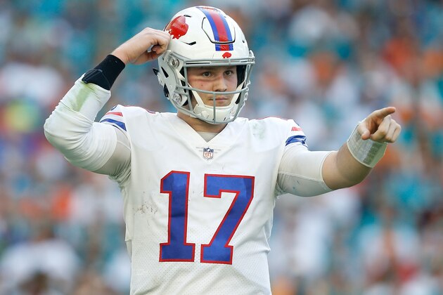 MIAMI, FL - DECEMBER 02:  Josh Allen #17 of the Buffalo Bills reacts against the Miami Dolphins during the second half at Hard Rock Stadium on December 2, 2018 in Miami, Florida.  (Photo by Michael Reaves/Getty Images)