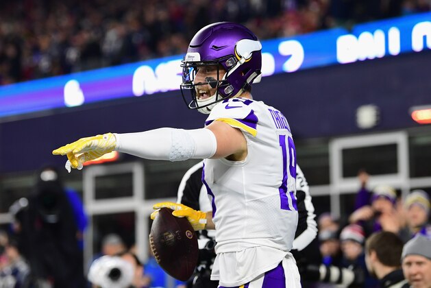 FOXBOROUGH, MA - DECEMBER 02:  Adam Thielen #19 of the Minnesota Vikings celebrates after scoring a touchdown during the second quarter against the New England Patriots at Gillette Stadium on December 2, 2018 in Foxborough, Massachusetts.  (Photo by Billie Weiss/Getty Images)