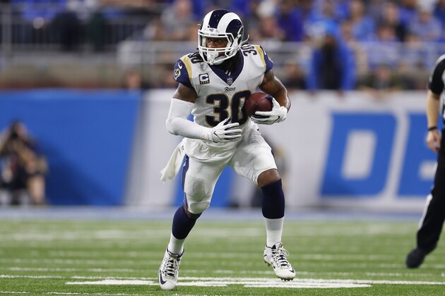 Los Angeles Rams running back Todd Gurley runs against the Detroit Lions during an NFL football game in Detroit, Sunday, Dec. 2, 2018. (AP Photo/Paul Sancya)