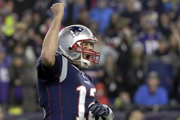 New England Patriots quarterback Tom Brady celebrates a touchdown run by James Develin during the second half of an NFL football game against the Minnesota Vikings, Sunday, Dec. 2, 2018, in Foxborough, Mass. (AP Photo/Elise Amendola)
