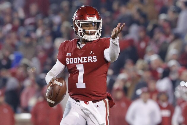 Oklahoma quarterback Kyler Murray (1) gestures to his team during a play against Kansas during the second half of an NCAA college football game in Norman, Okla., Saturday, Nov. 17, 2018. Oklahoma won 55-40. (AP Photo/Alonzo Adams) Oklahoma quarterback Kyler Murray (1) gestures to his team during a play against Kansas during the second half of an NCAA college football game in Norman, Okla., Saturday, Nov. 17, 2018. Oklahoma won 55-40. (AP Photo/Alonzo Adams)