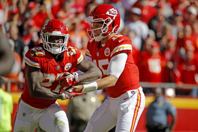 Kansas City Chiefs quarterback Patrick Mahomes (15) hands off the ball to running back Kareem Hunt (27) during the first half of an NFL football game in Kansas City, Mo., Sunday, Oct. 28, 2018. (AP Photo/Charlie Riedel)