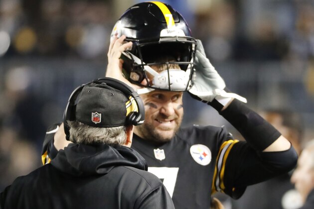Pittsburgh Steelers quarterback Ben Roethlisberger (7) puts on his helmet as he goes in to play against the Los Angeles Chargers in the first quarter of an NFL football game, Sunday, Dec. 2, 2018, in Pittsburgh. (AP Photo/Gene J. Puskar)