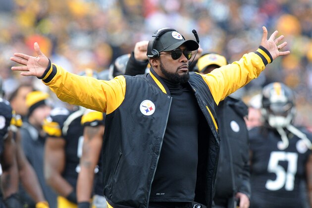 Pittsburgh Steelers head coach Mike Tomlin gestures to a referee during the first half of an NFL football game in Pittsburgh, Sunday, Dec. 21, 2014. (AP Photo/Don Wright)